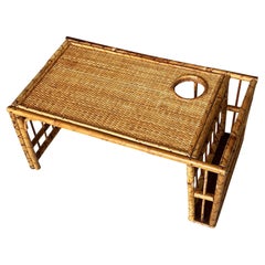 Vintage Mid Century Bamboo & Woven Rattan Bed Breakfast Tray with Cup Holder