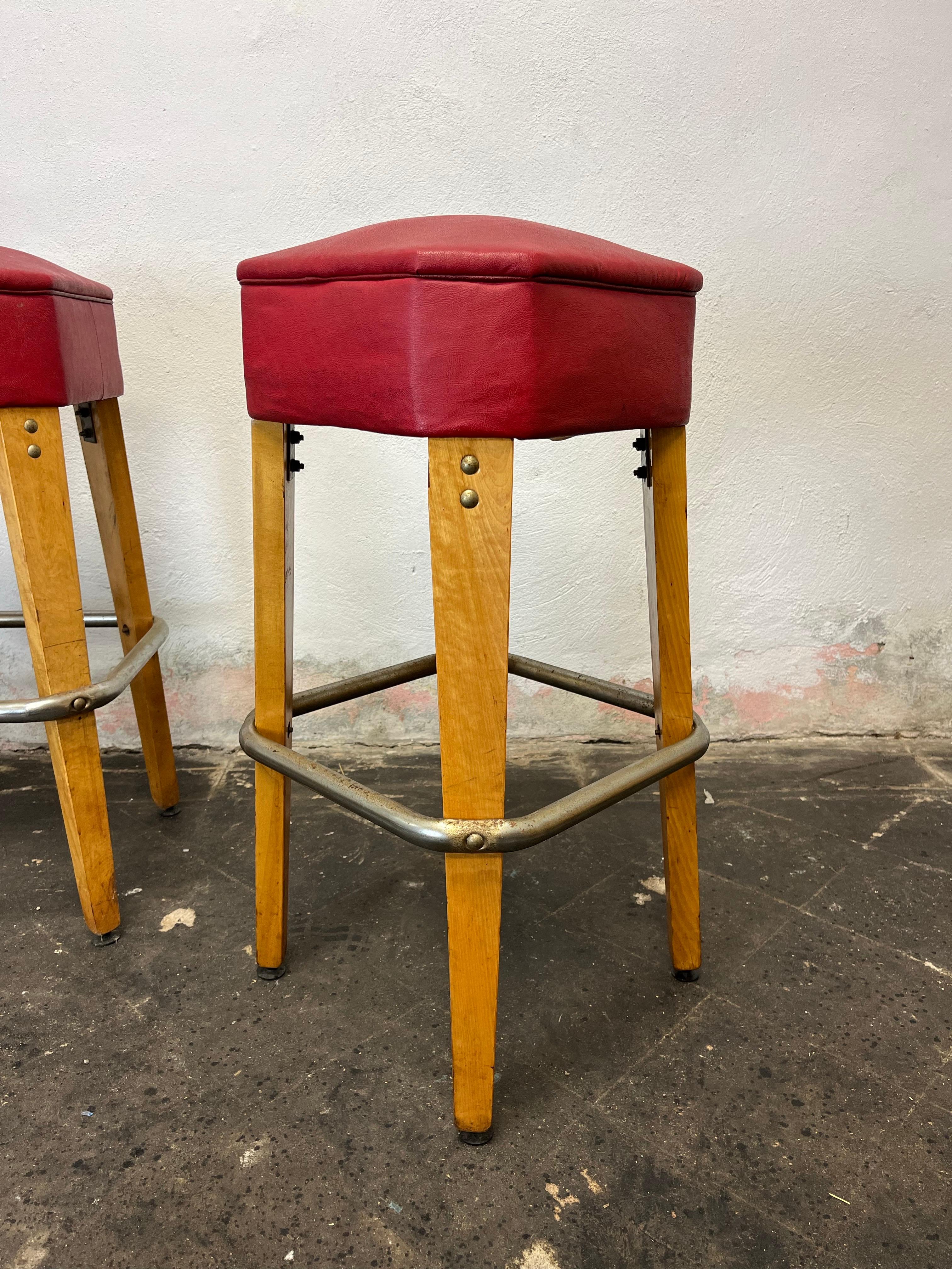 20th Century Vintage Mid Century Bar Stools Birch Knife Leg For Sale