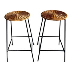 Vintage Mid-Century Barstools – Iron & Wicker, Arthur Umanoff Attributed, Pair