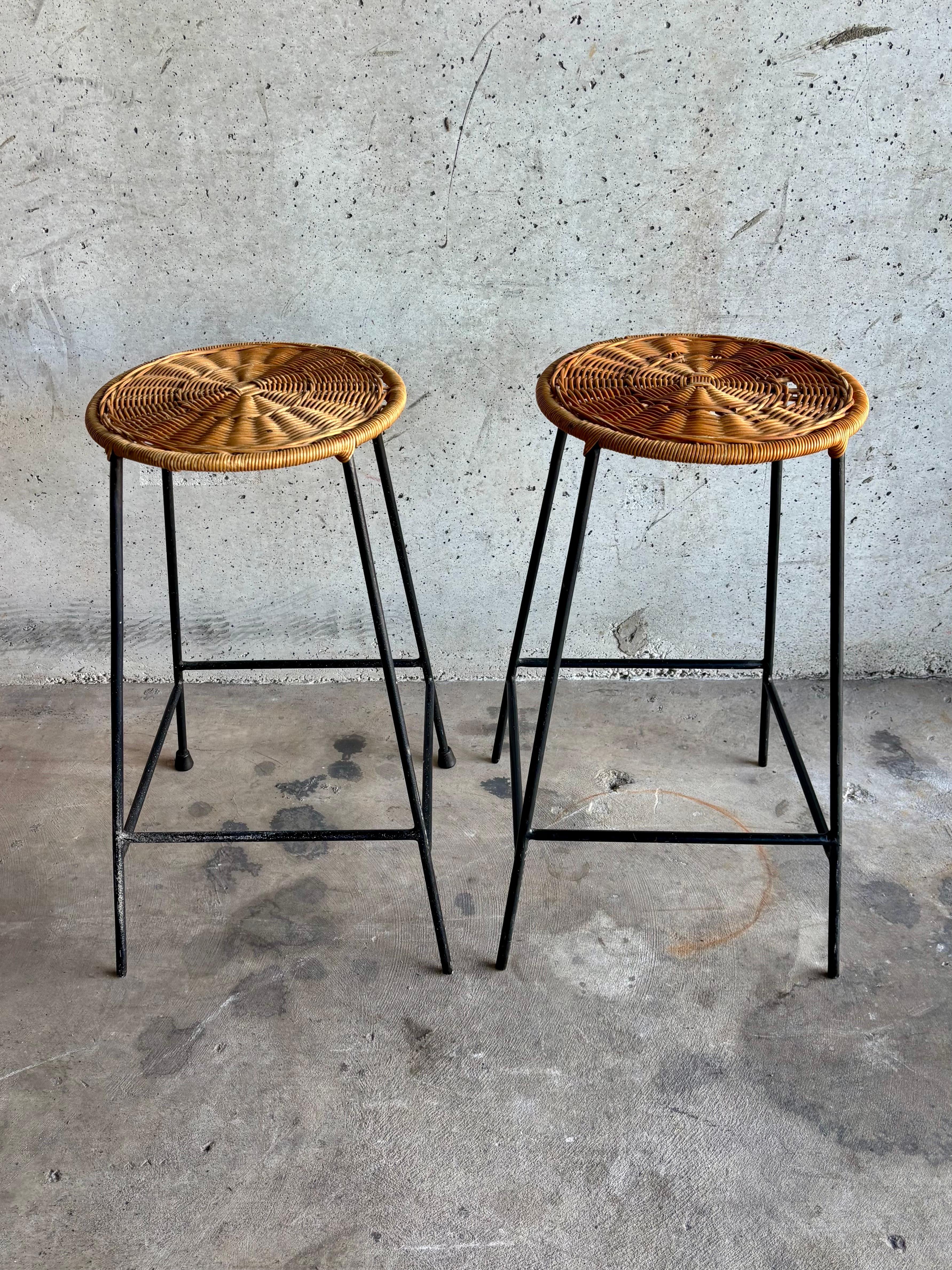Vintage Mid-Century Barstools – Iron 
Wicker, Arthur Umanoff Attributed, Pair For Sale