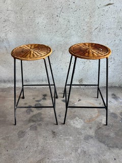 Vintage Mid-Century Barstools – Iron 
Wicker, Arthur Umanoff Attributed, Pair