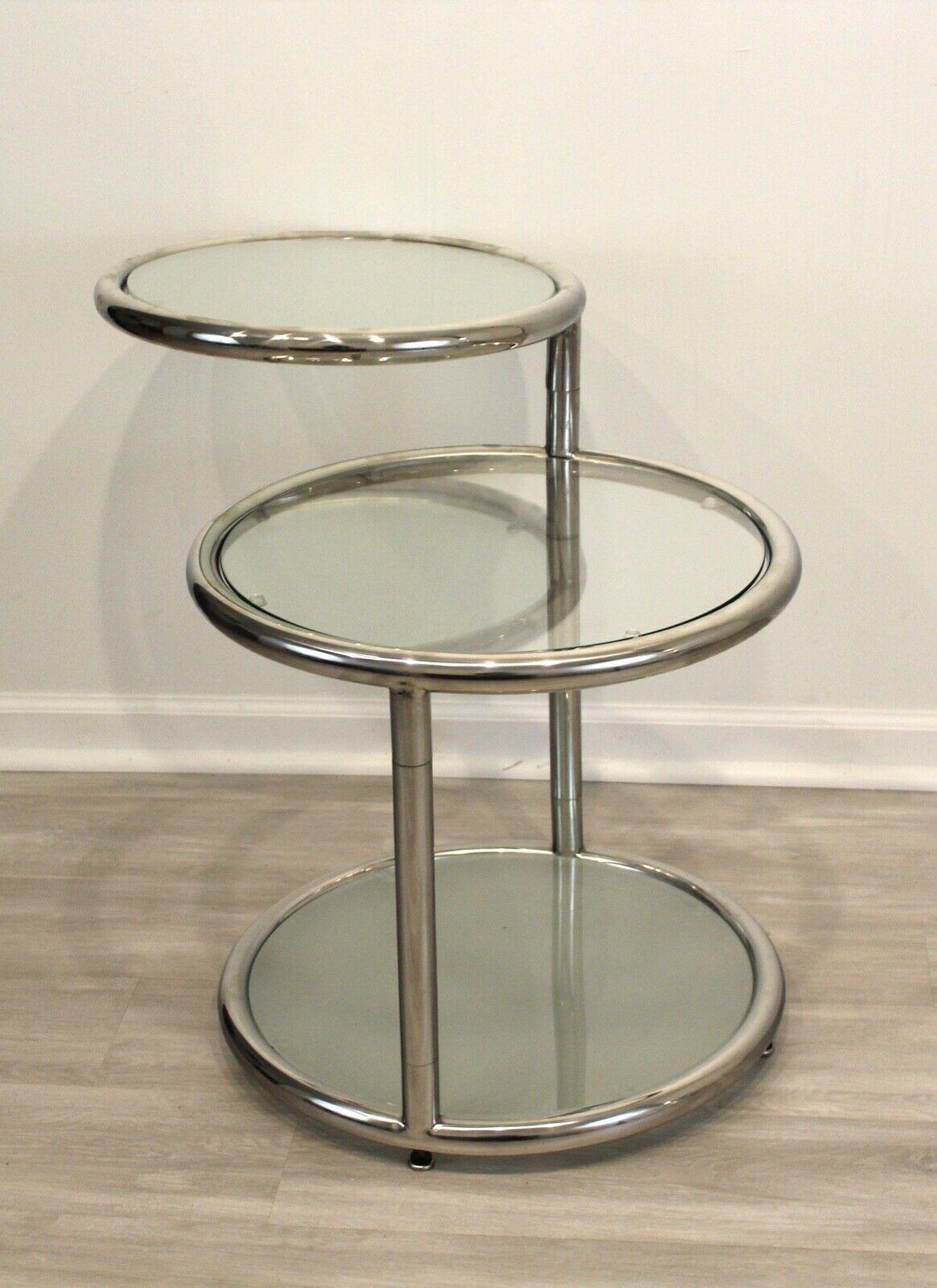 Vintage Mid Century Baughman Style Tubular Chrome 3 Tier Swivel Top Side Table In Good Condition In Keego Harbor, MI