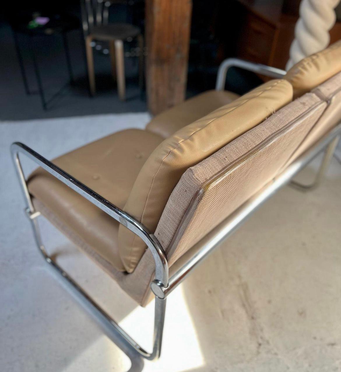 Mid-Century Modern Vintage Mid-Century Bauhaus Tan Vinyl and Chrome Settee For Sale