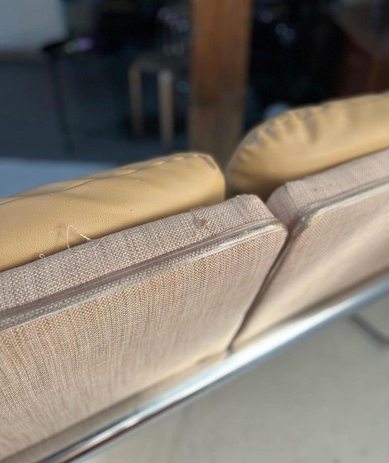 Vintage MidCentury Bauhaus Tan Vinyl and Chrome Settee For Sale at 1stDibs
