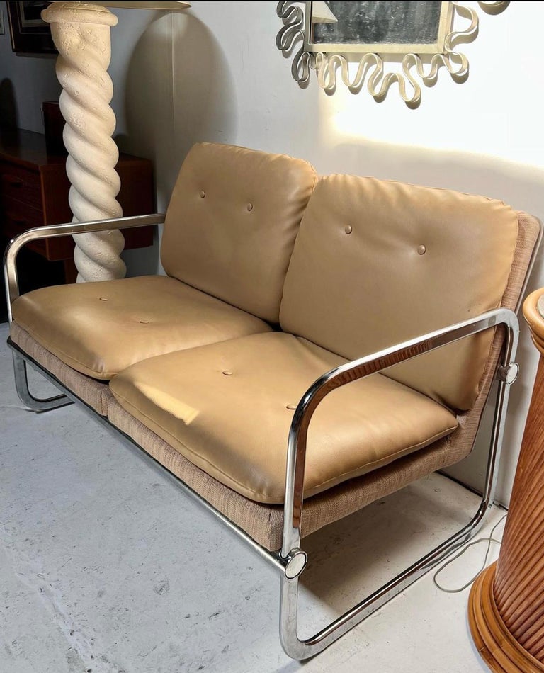 Vintage MidCentury Bauhaus Tan Vinyl and Chrome Settee For Sale at 1stDibs