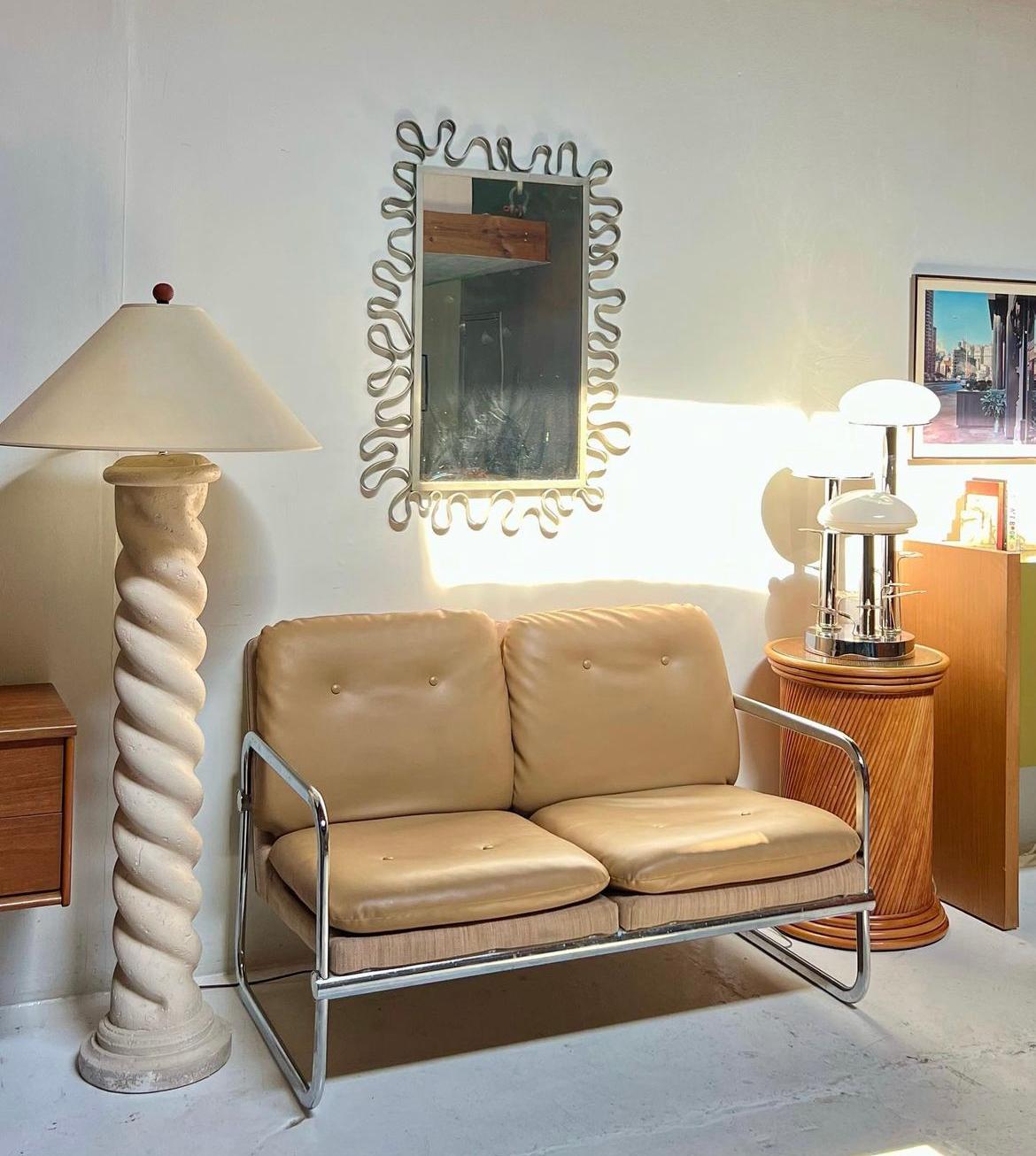 Vintage Mid-Century Bauhaus Tan Vinyl and Chrome Settee For Sale 1