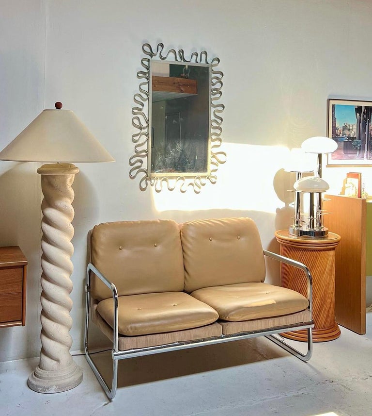 Vintage MidCentury Bauhaus Tan Vinyl and Chrome Settee For Sale at 1stDibs