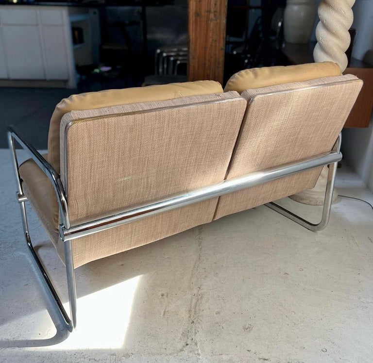 Vintage MidCentury Bauhaus Tan Vinyl and Chrome Settee For Sale at 1stDibs