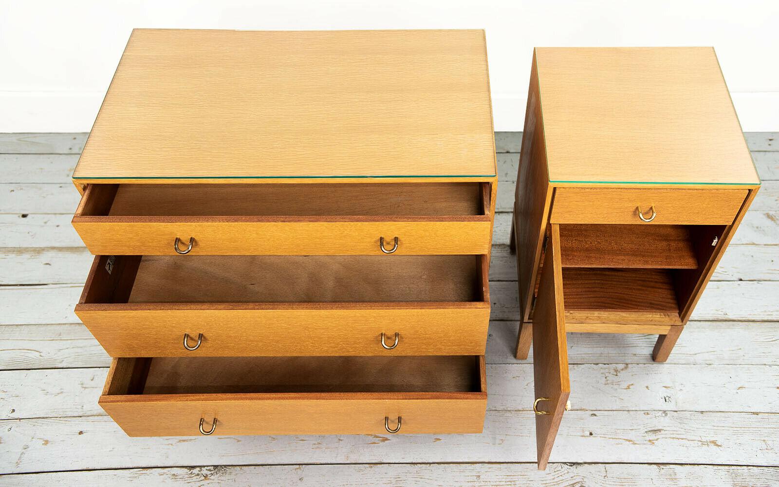 Satinwood Vintage Mid-Century Bedroom Chest of Drawers and Cabinet Set by Stag