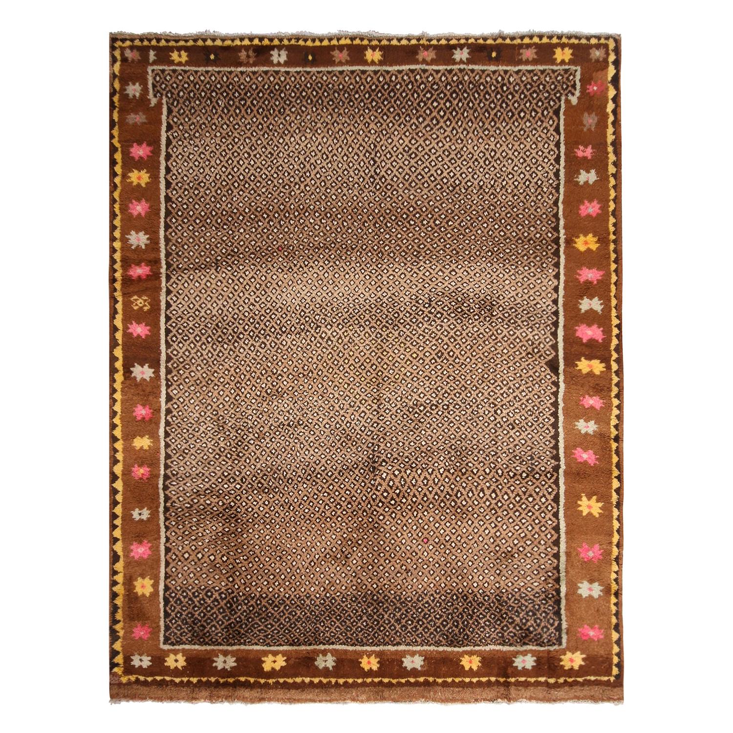 Vintage Midcentury Brown and Green Geometric Wool Rug with MultiColor