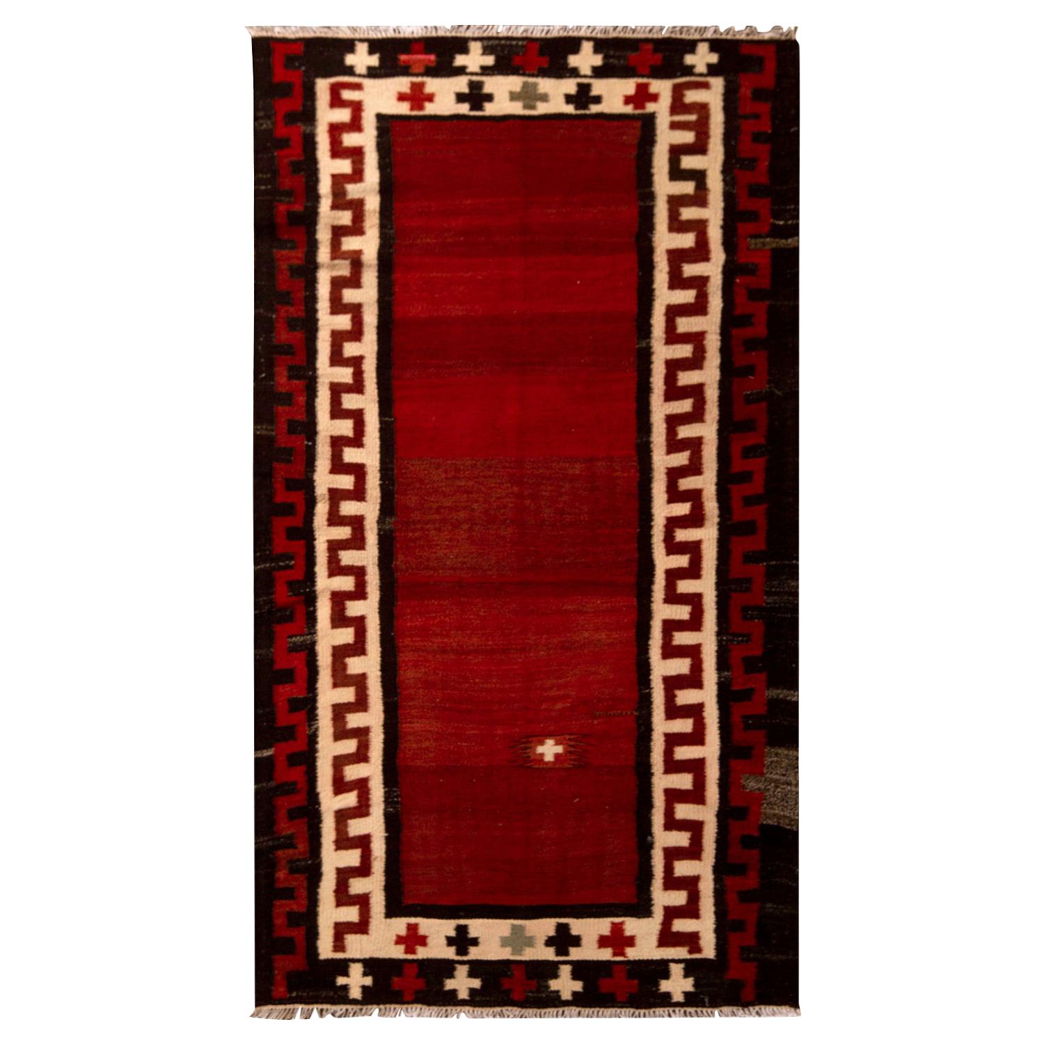 Vintage Midcentury Beige Brown and Red Wool Bidjar Persian Kilim by Rug & Kilim