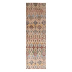 Retro Midcentury Beige Rainbow Wool Runner with Floral Patterns