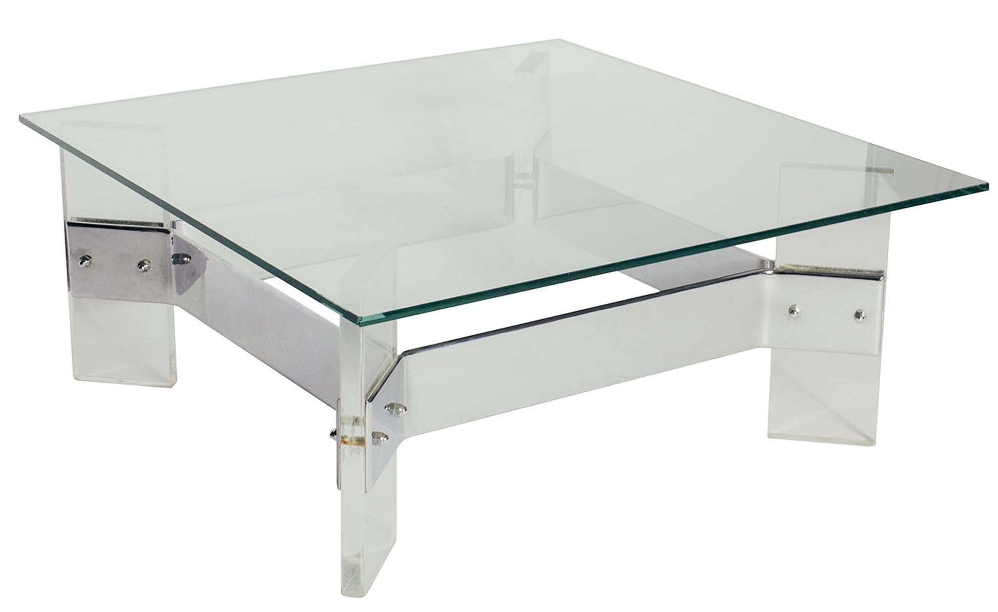 Vintage Midcentury Belgian Lucite Steel Coffee Table with Glass Top In Good Condition For Sale In New York, NY