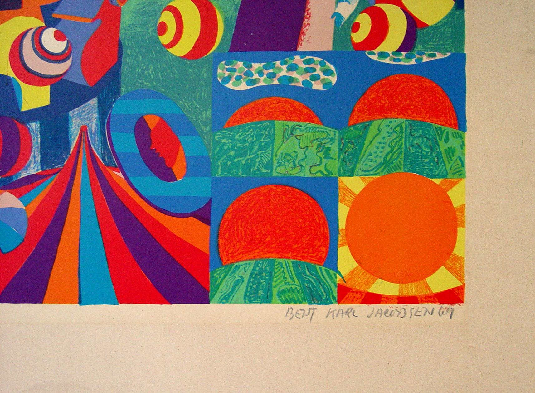 Vintage mid 20th century circus abstract print by Bent Karl Jacobsen (Denmark, 1934 - 2004). Signed and numbered lithograph in pencil 48/100. Unframed, mounted on original backing. Image, 18.5