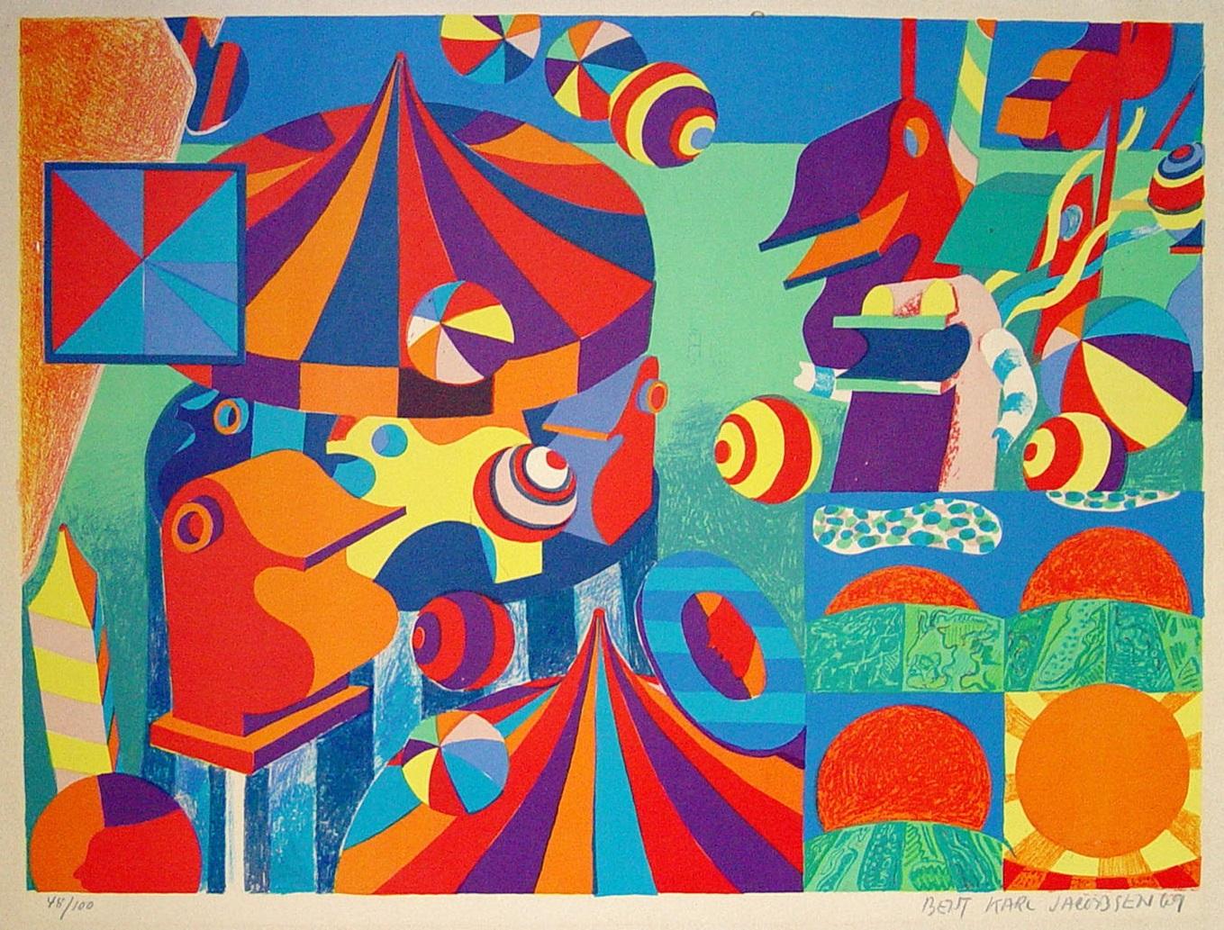 Vintage Mid Century Bent Karl Jacobsen Vintage Abstract Circus Print In Good Condition For Sale In Seguin, TX