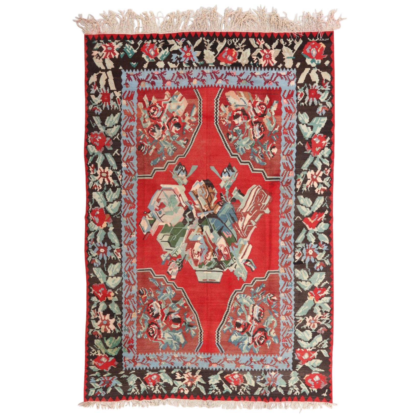 Vintage Mid-Century Bessarabian Kilim Rot Floral Flachgewebe Teppich Raumgröße