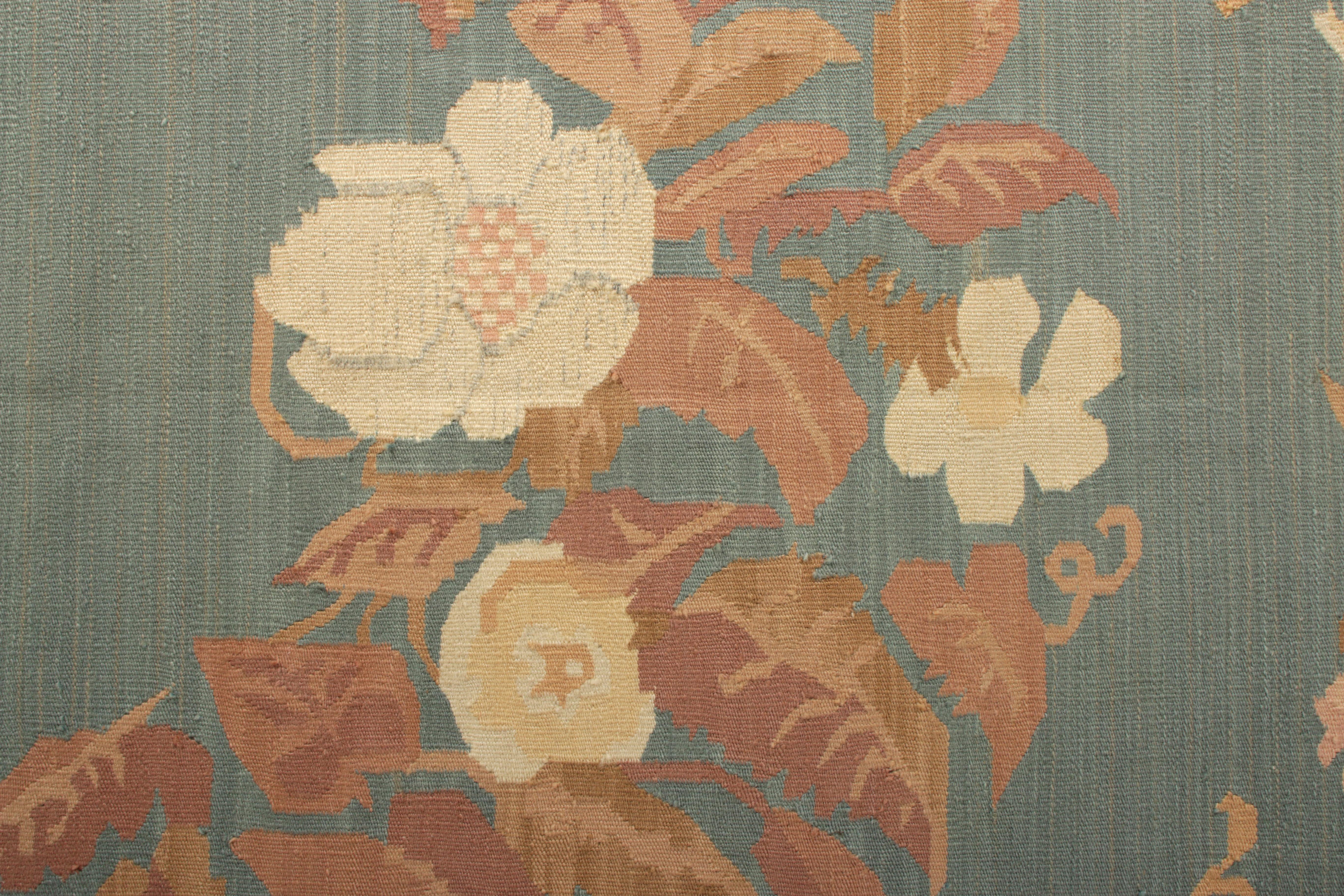 Hand-Woven Vintage Midcentury Bessarabian Kilim Rug Blue Pink Floral Pattern by Rug & Kilim For Sale