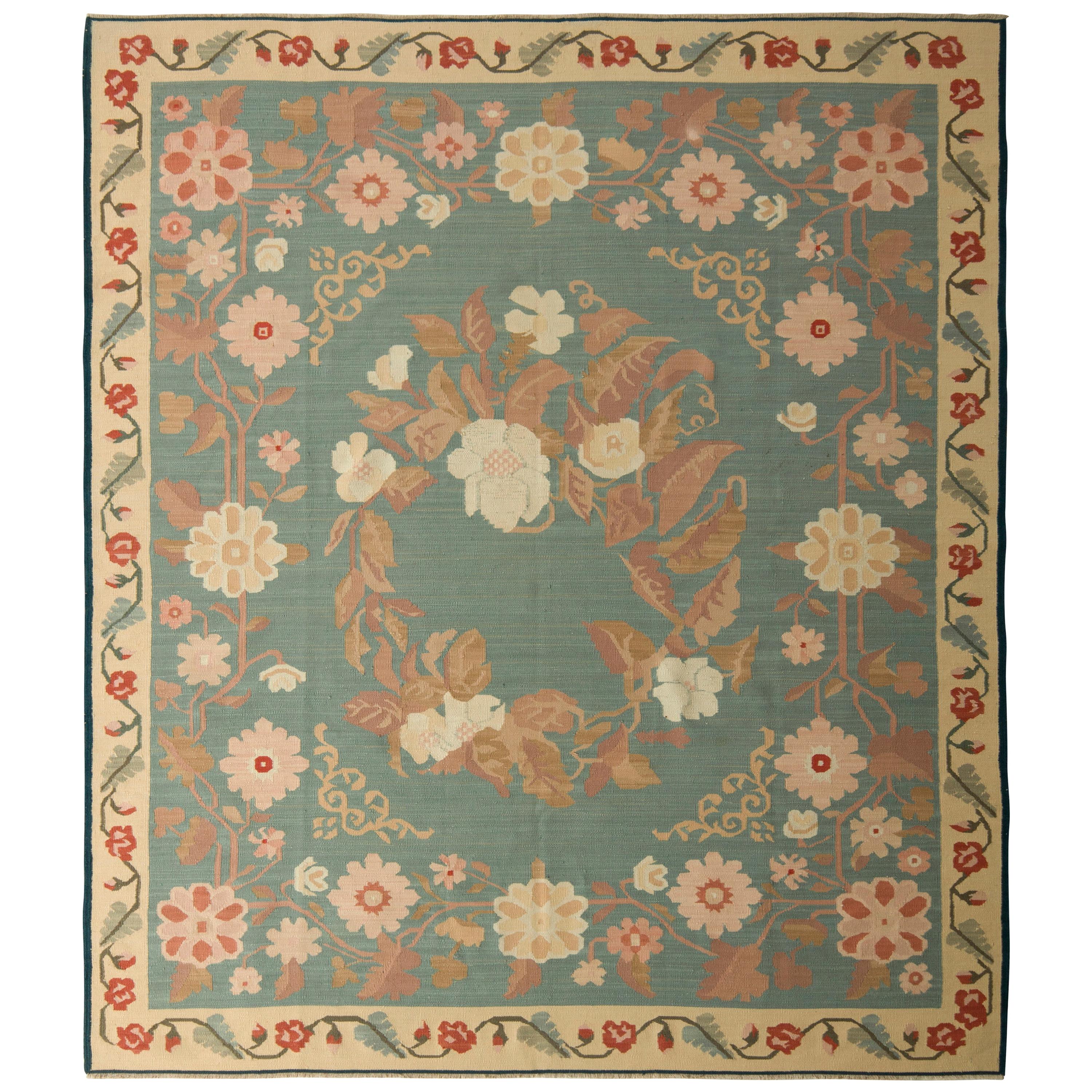 Vintage Midcentury Bessarabian Kilim Rug Blue Pink Floral Pattern by Rug & Kilim For Sale