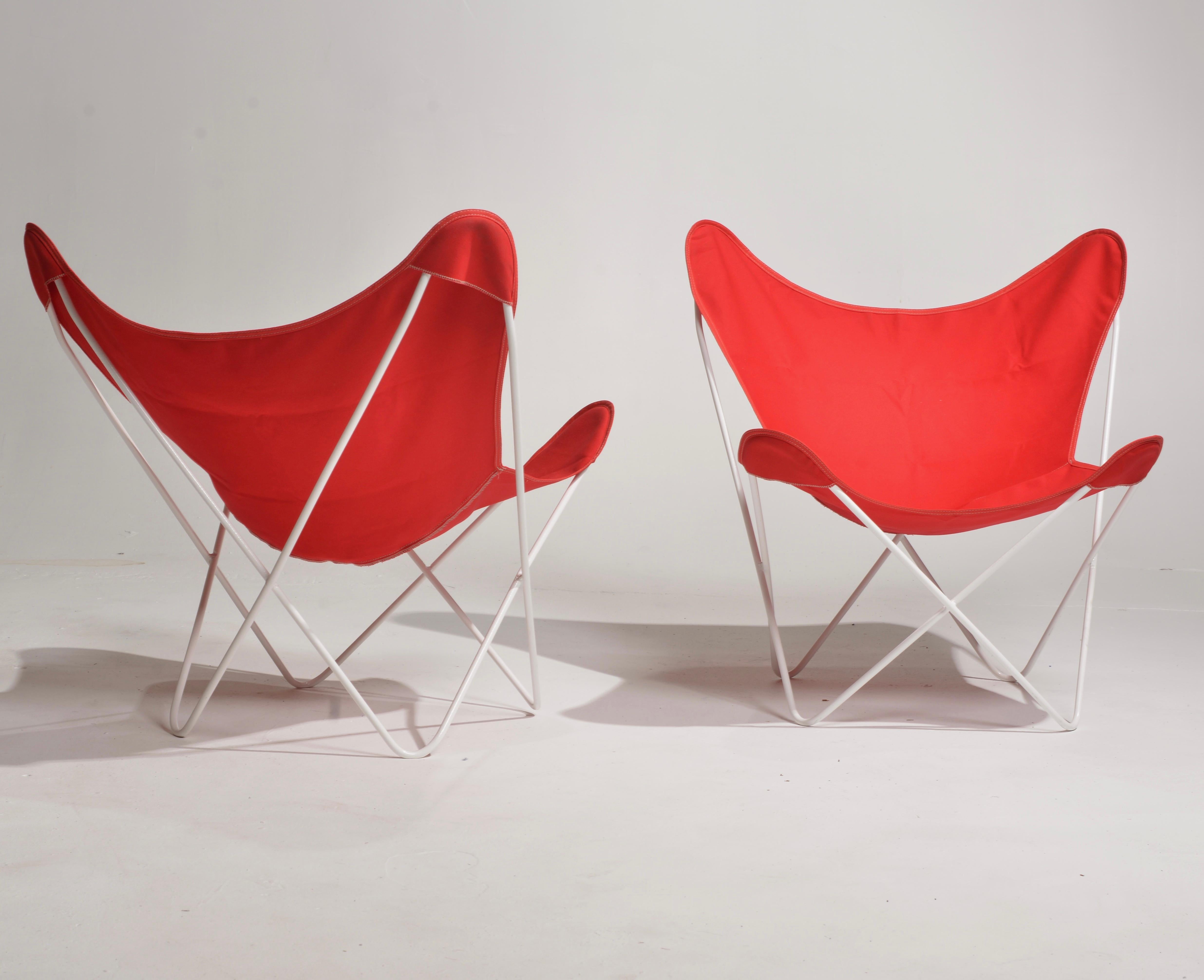 BKF Hardoy butterfly chairs for Knoll. New powder coat white finish, for indoor or outdoor use. New canvas slings. Priced per chair. 4 chairs in stock.