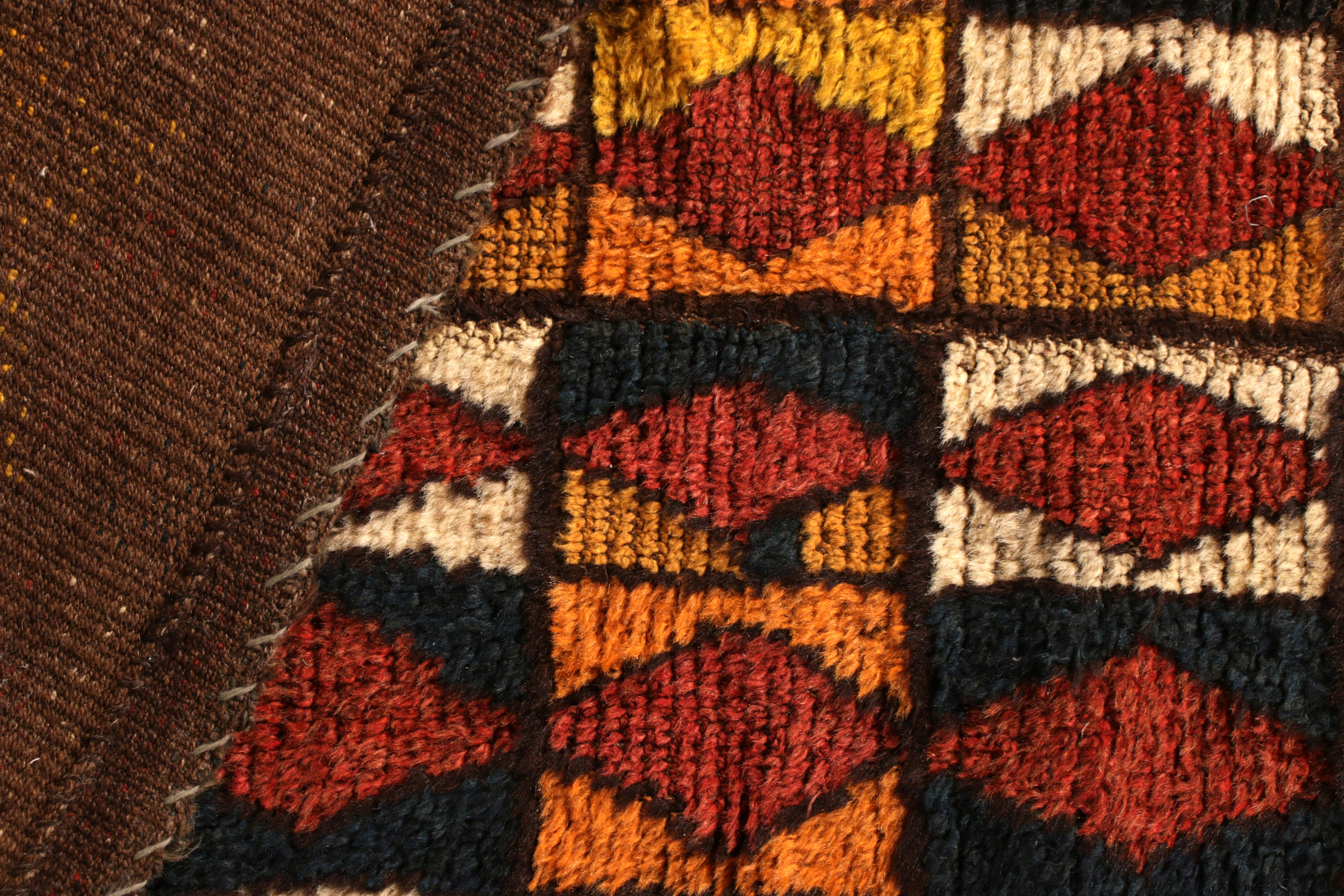 Hand-Knotted Vintage Midcentury Black Brown Diamond Geometric Wool Iraq Runner