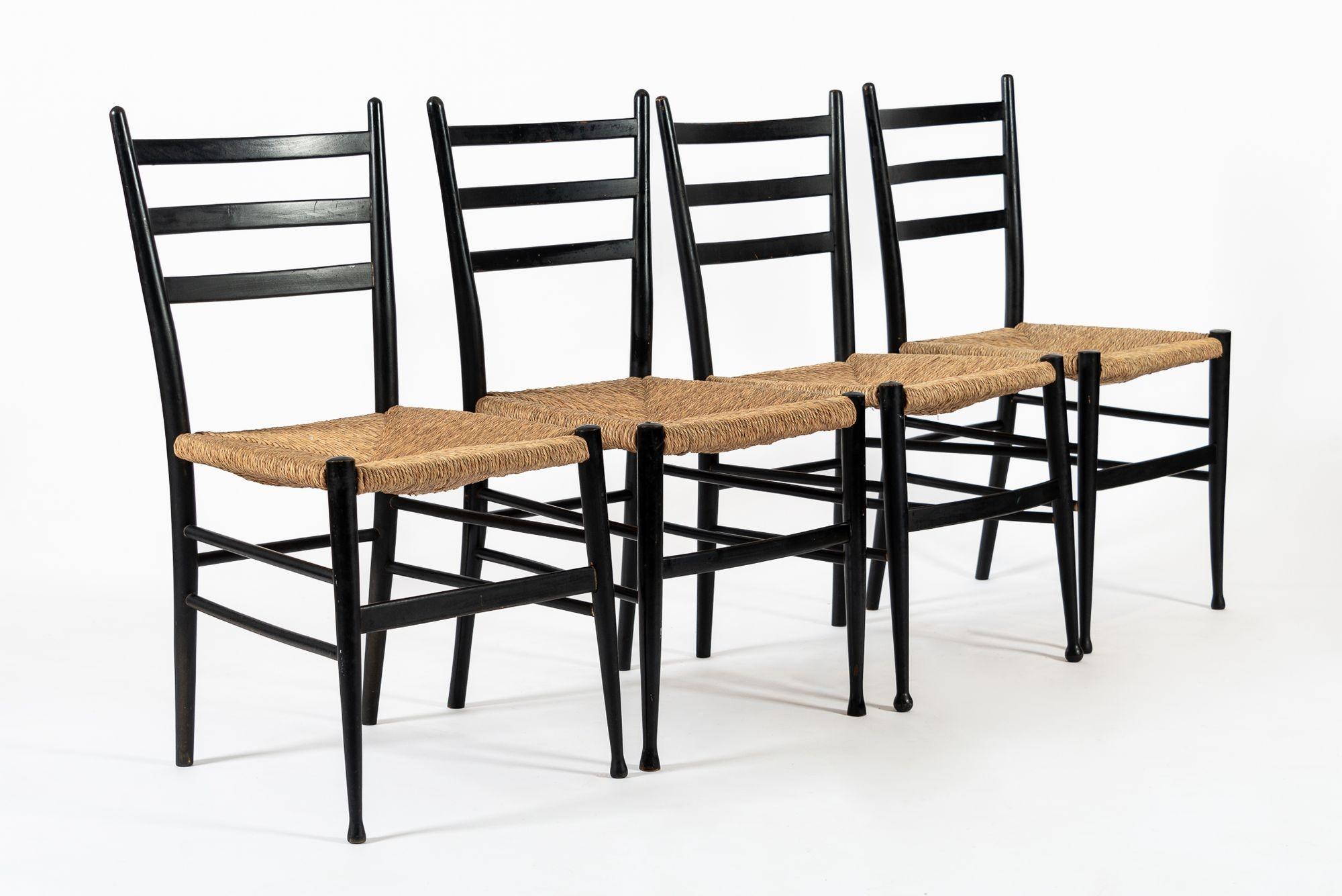 Vintage Mid Century Black Wood and Rush Wicker Dining Chairs For Sale 4