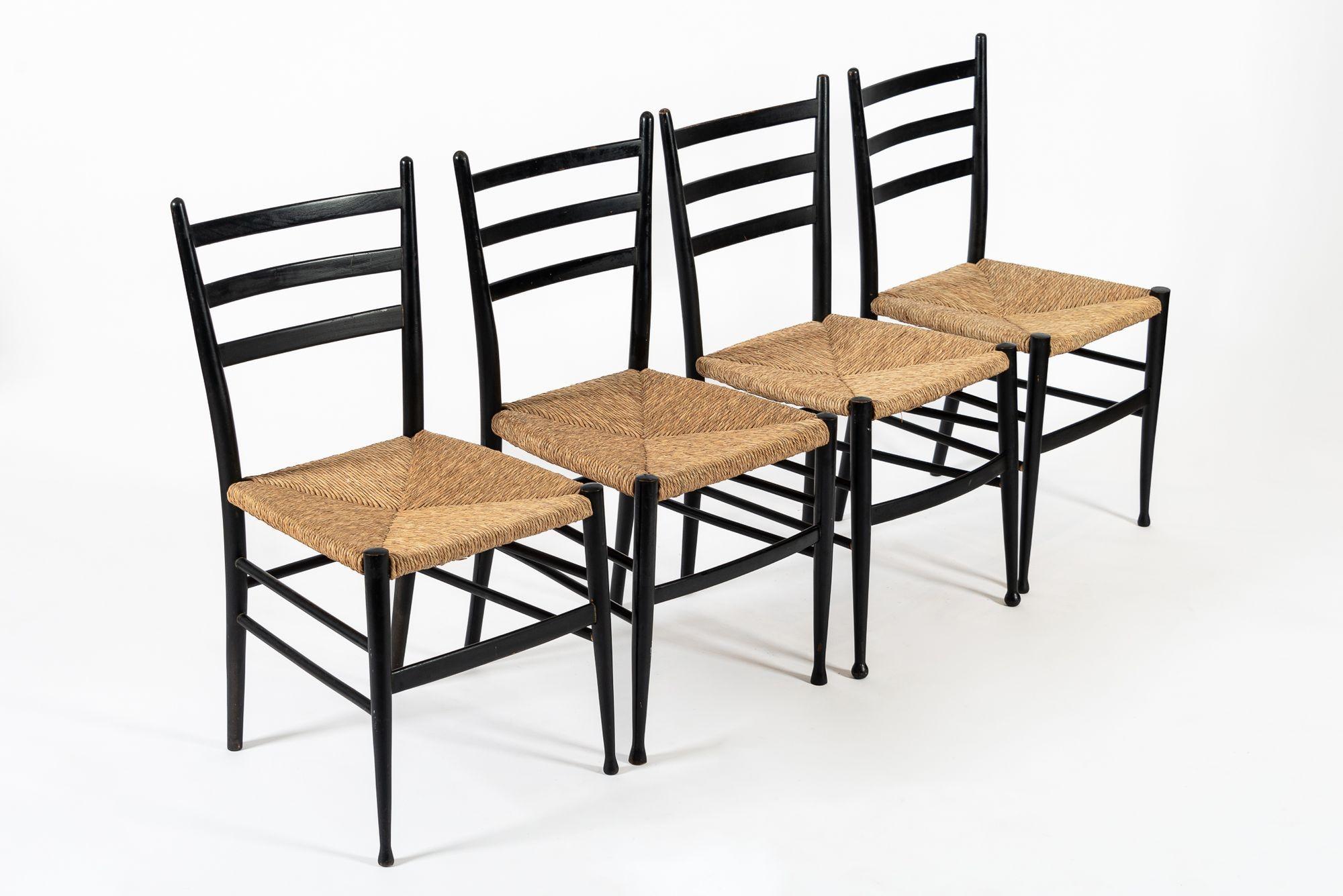Vintage Mid Century Black Wood and Rush Wicker Dining Chairs For Sale 5