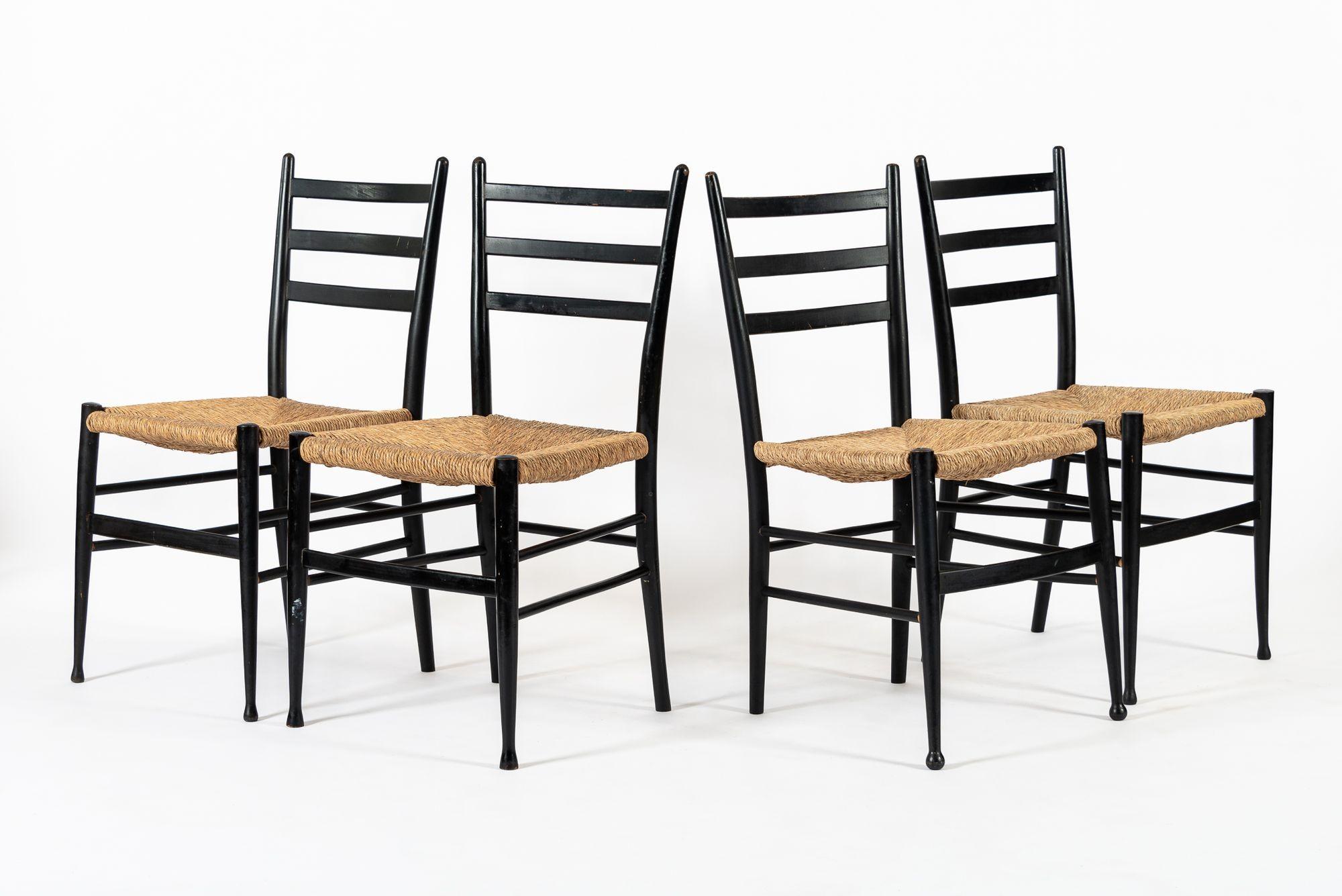 Vintage Mid Century Black Wood and Rush Wicker Dining Chairs For Sale 6