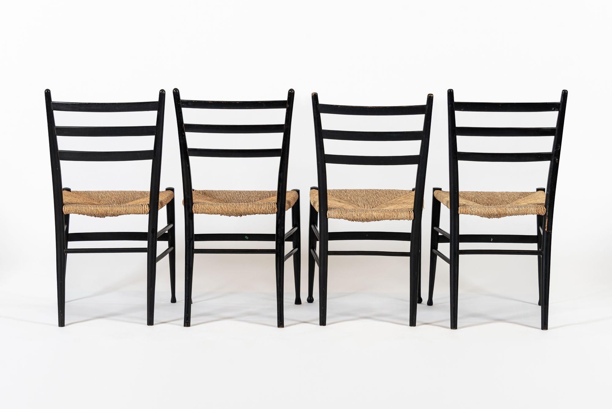 Vintage Mid Century Black Wood and Rush Wicker Dining Chairs For Sale 7