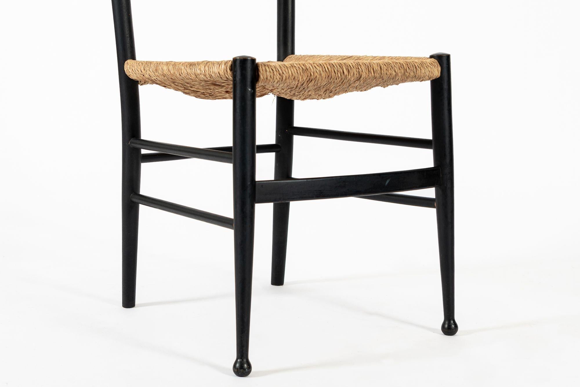 Vintage Mid Century Black Wood and Rush Wicker Dining Chairs For Sale 8