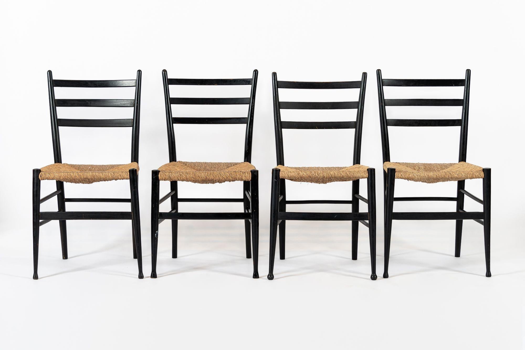 Mid-Century Modern Vintage Mid Century Black Wood and Rush Wicker Dining Chairs For Sale