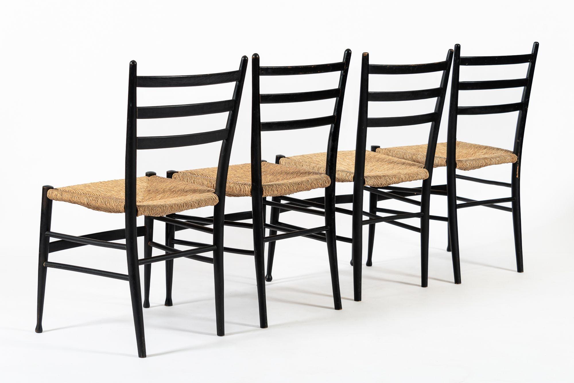 Italian Vintage Mid Century Black Wood and Rush Wicker Dining Chairs For Sale