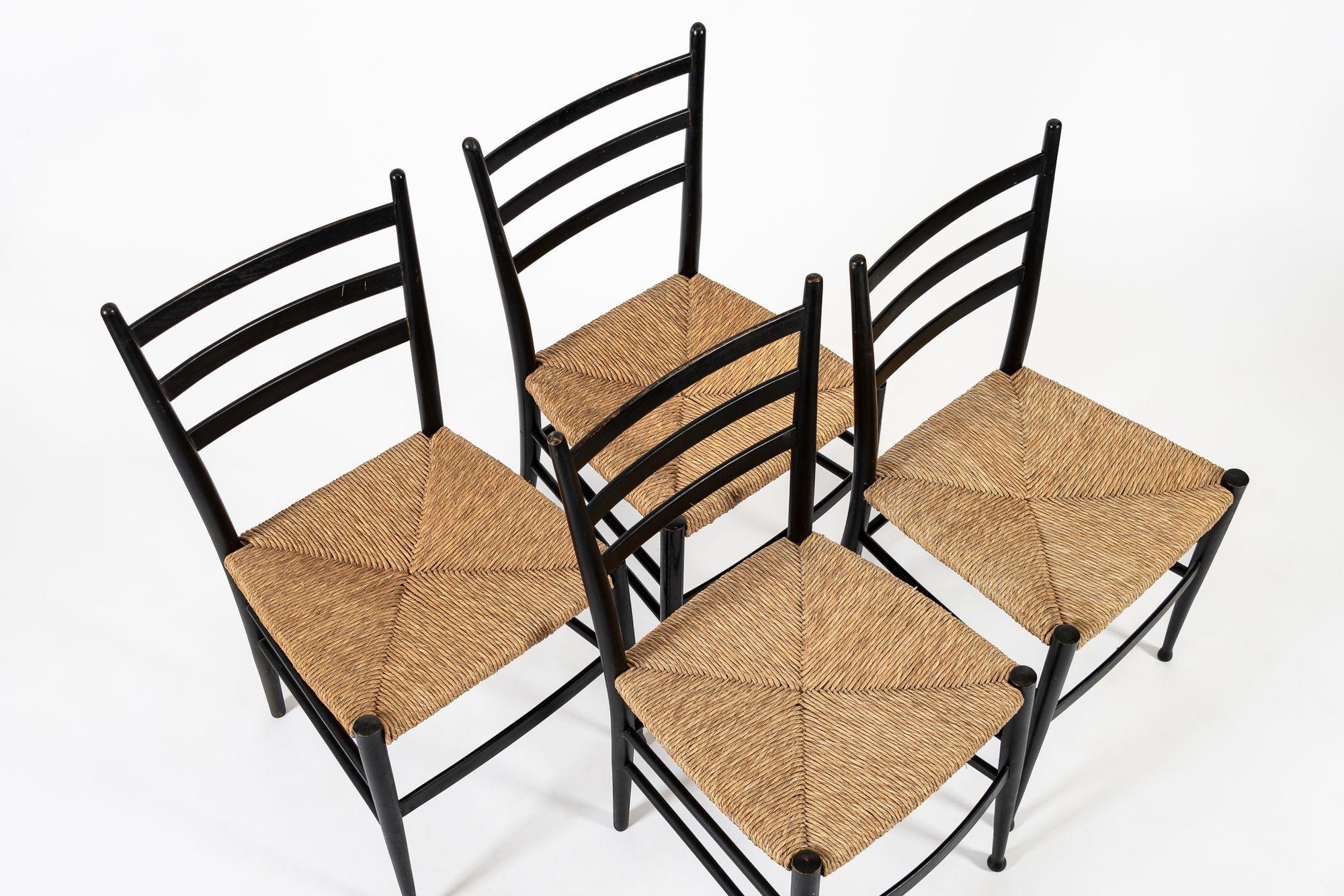 Vintage Mid Century Black Wood and Rush Wicker Dining Chairs In Good Condition For Sale In Detroit, MI