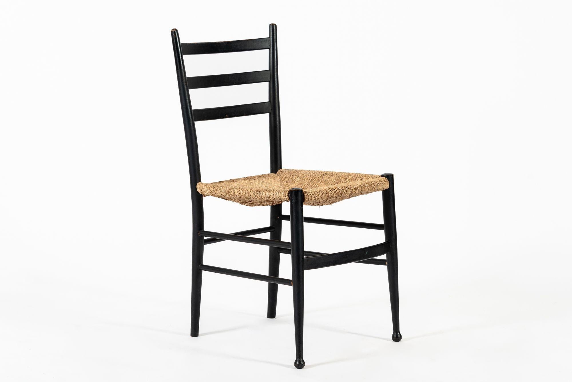 Mid-20th Century Vintage Mid Century Black Wood and Rush Wicker Dining Chairs For Sale
