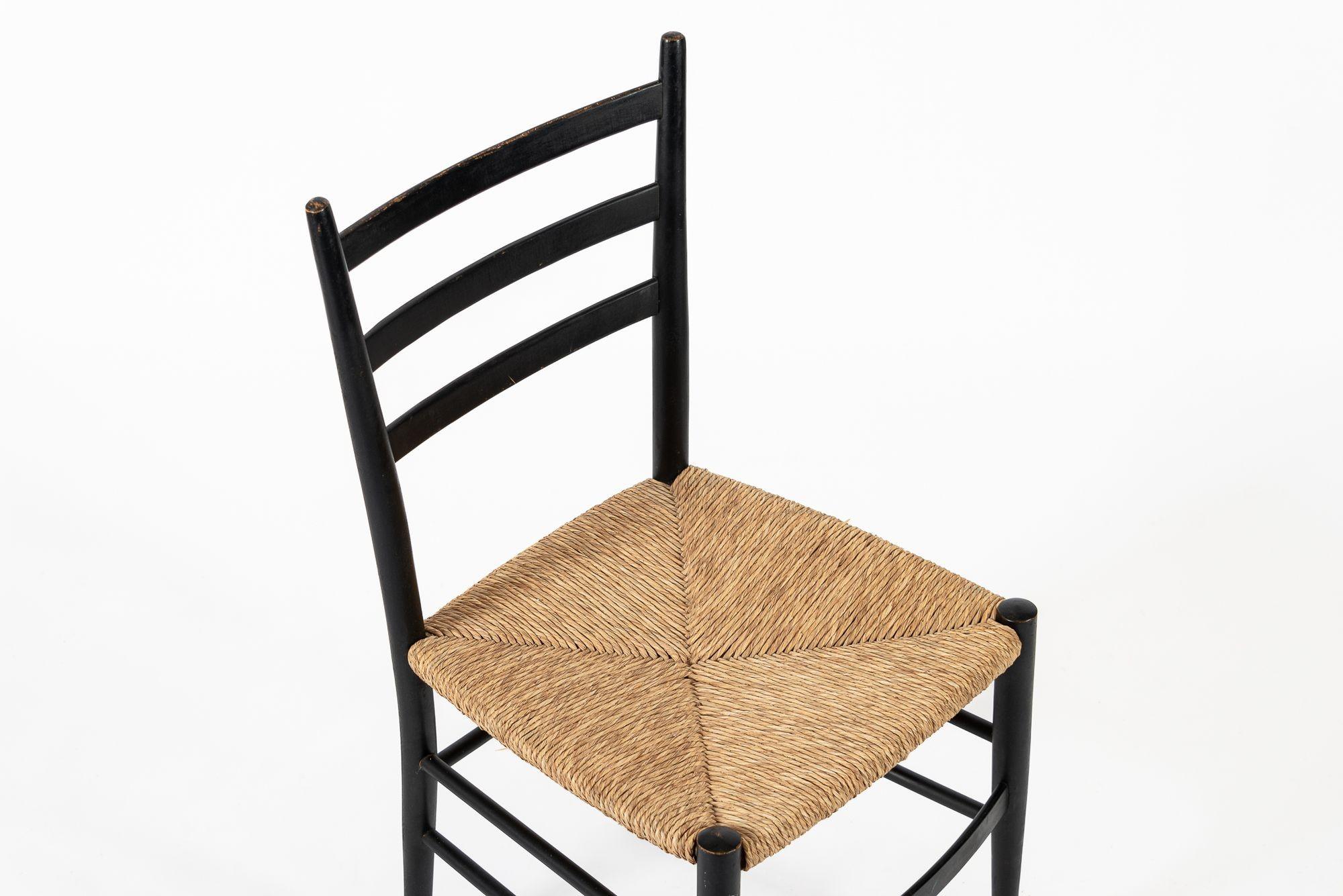 Vintage Mid Century Black Wood and Rush Wicker Dining Chairs For Sale 1