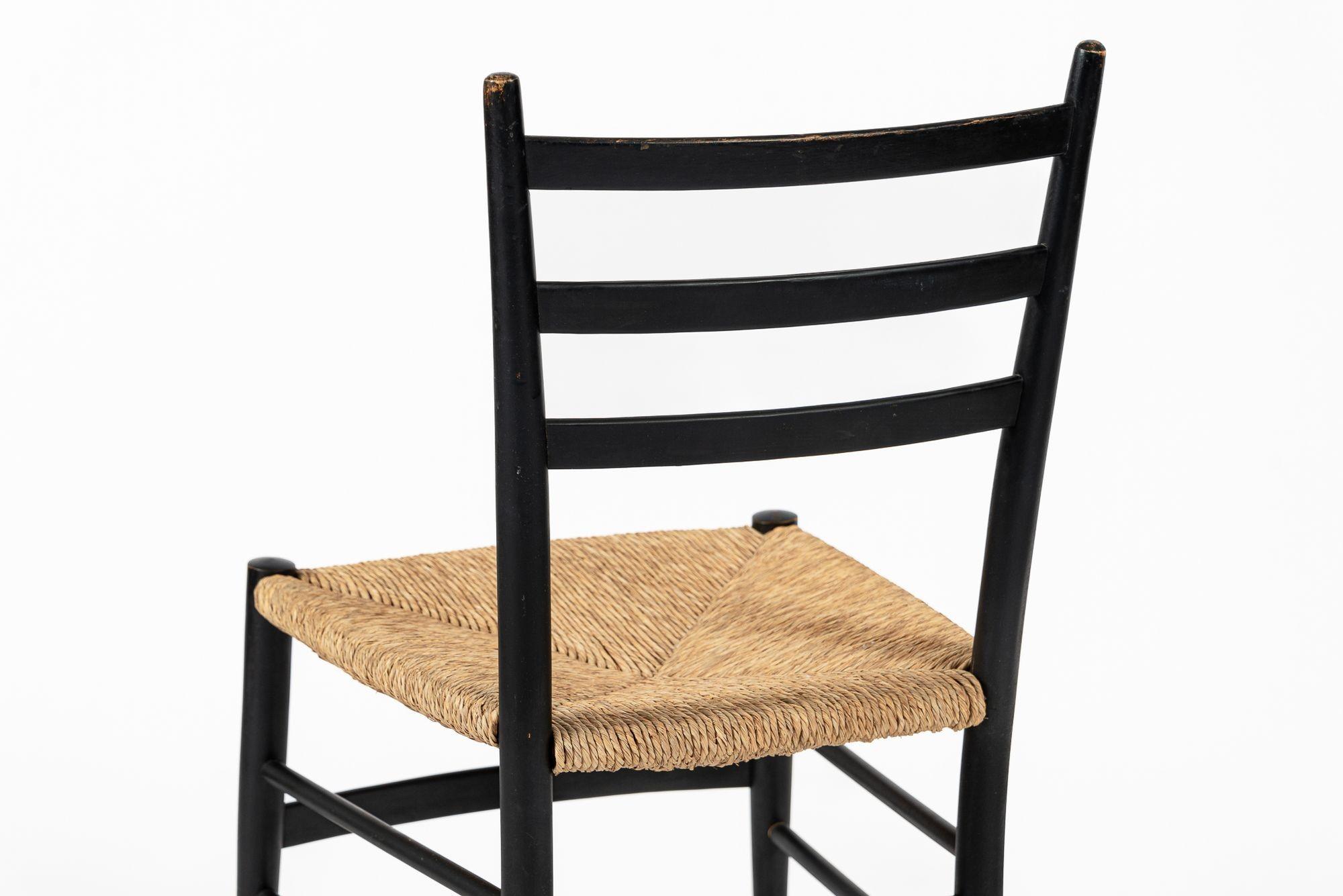 Vintage Mid Century Black Wood and Rush Wicker Dining Chairs For Sale 2