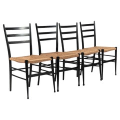 Vintage Mid Century Black Wood and Rush Wicker Dining Chairs