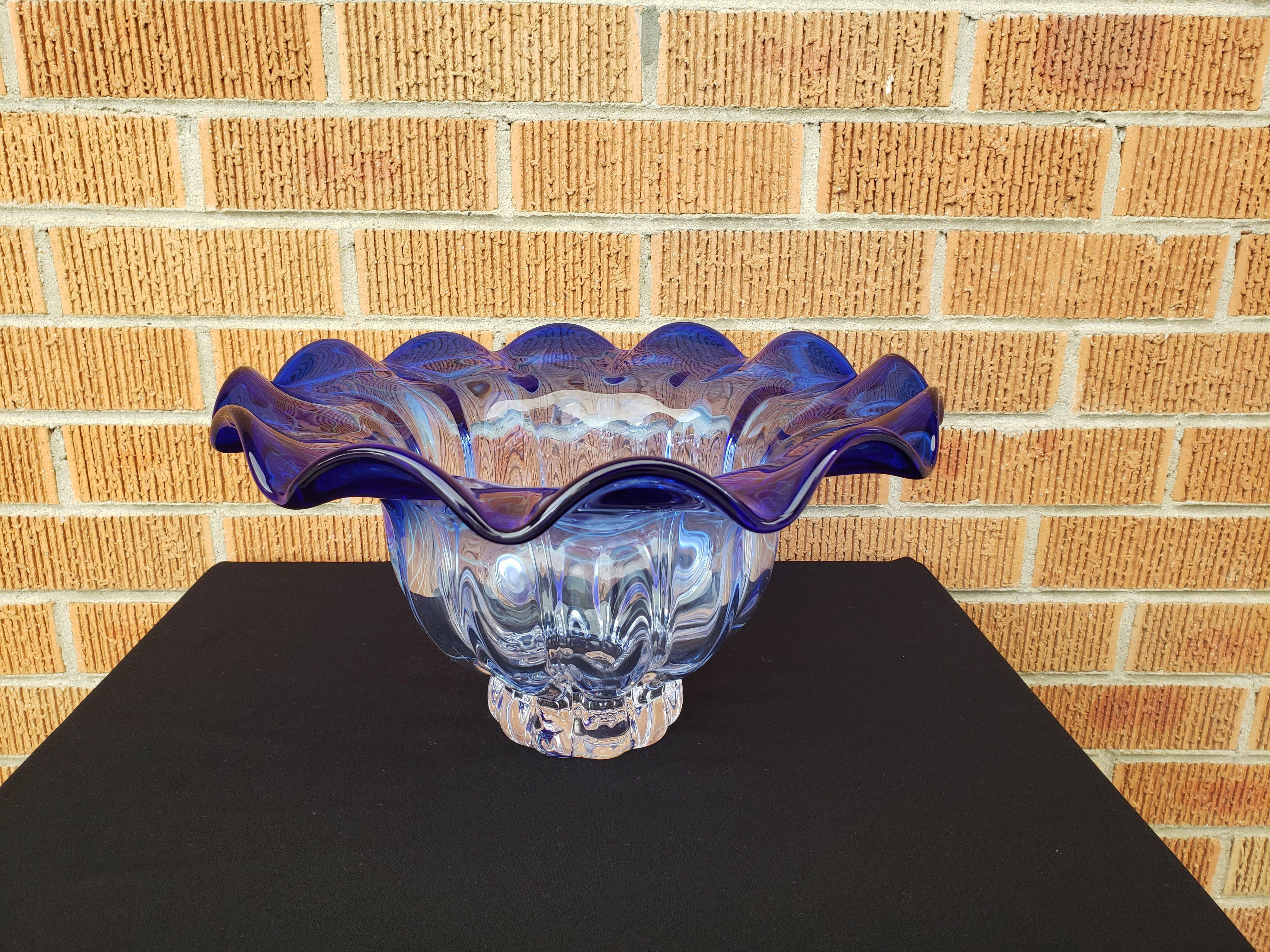 Large Mid-Century Modern cobalt blue swirl bowl. This would make a beautiful centerpiece for a coffee table or a mantle.