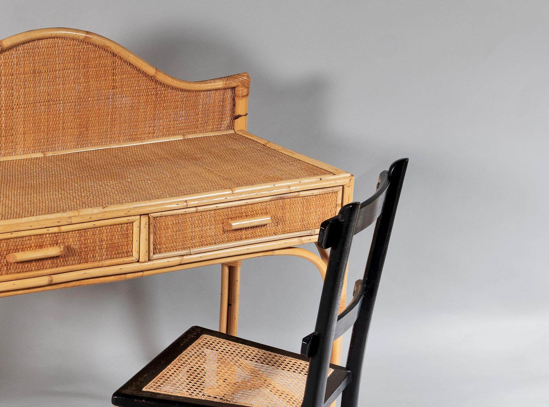 Vintage Mid Century Boho Bamboo Rattan Two Drawer Vanity Dressing Table Desk 1