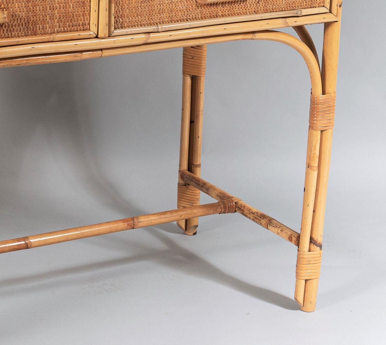 Vintage Mid Century Boho Bamboo Rattan Two Drawer Vanity Dressing Table Desk 2