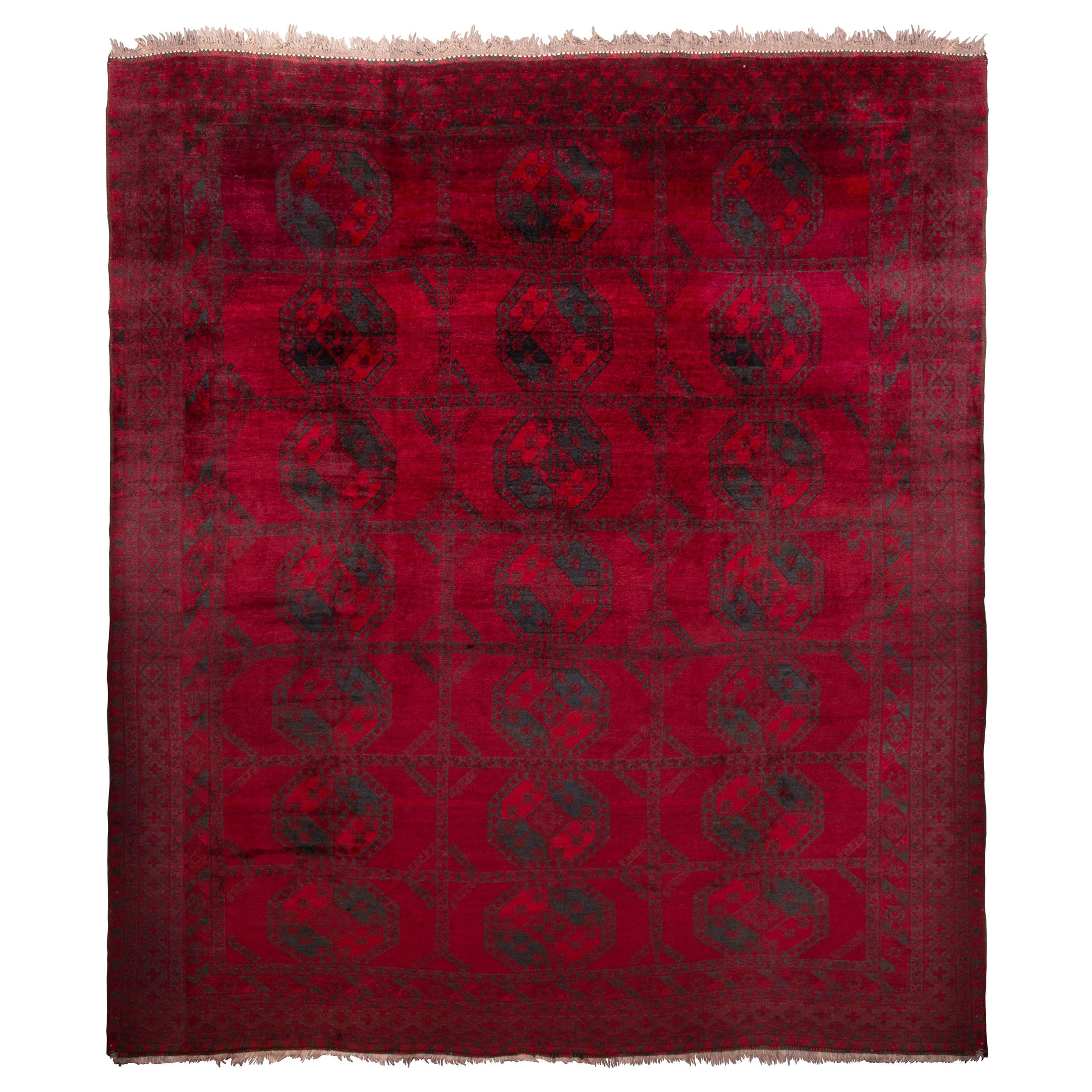 Vintage Midcentury Traditional in Wool Red and Blue Geometric Rug by Rug & Kilim