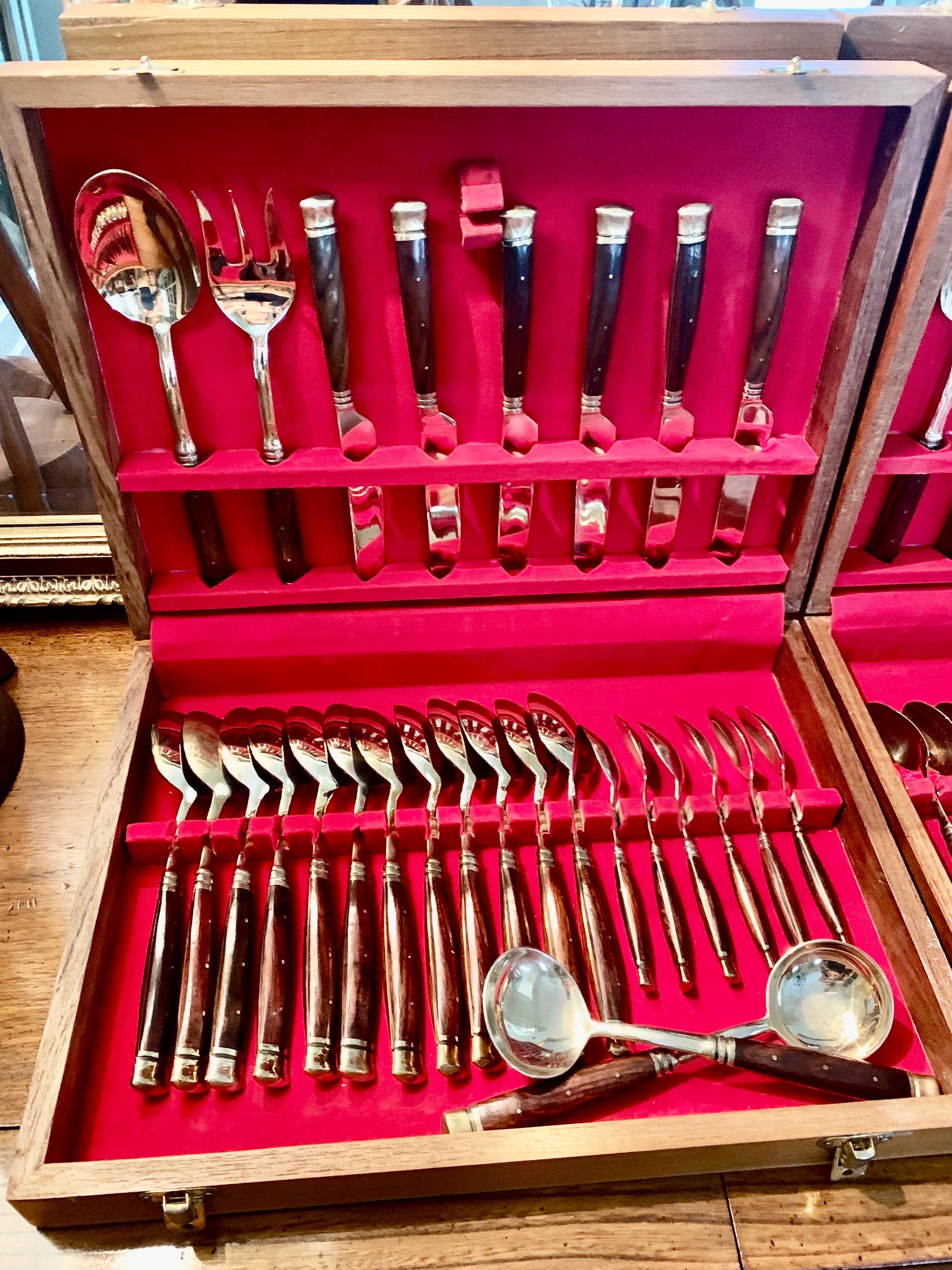 Campaign Vintage Mid Century Brass and Rosewood Flatware Set, 12 Place Settings
