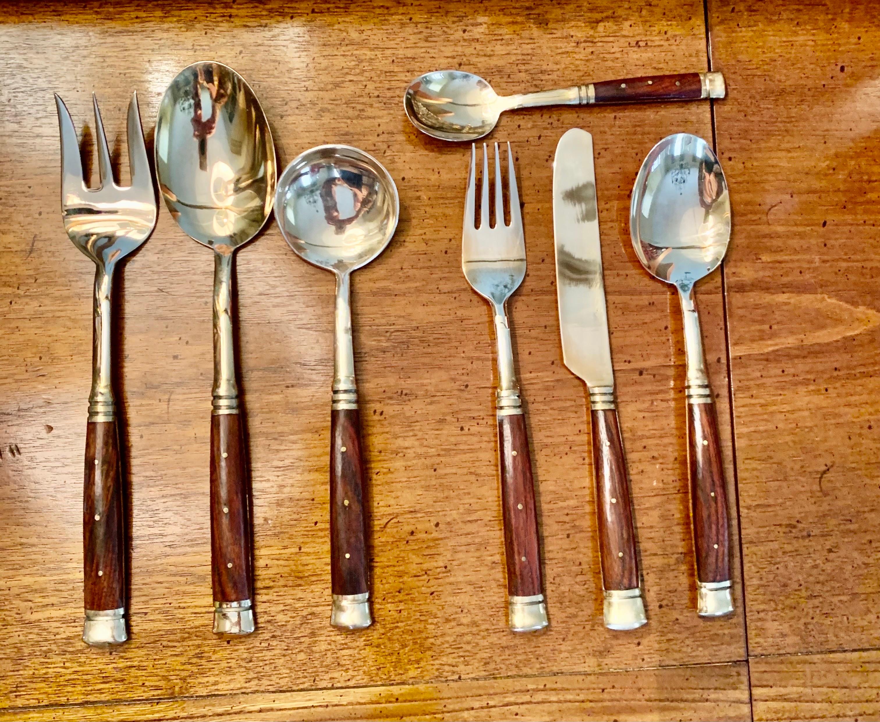 Unknown Vintage Mid Century Brass and Rosewood Flatware Set, 12 Place Settings