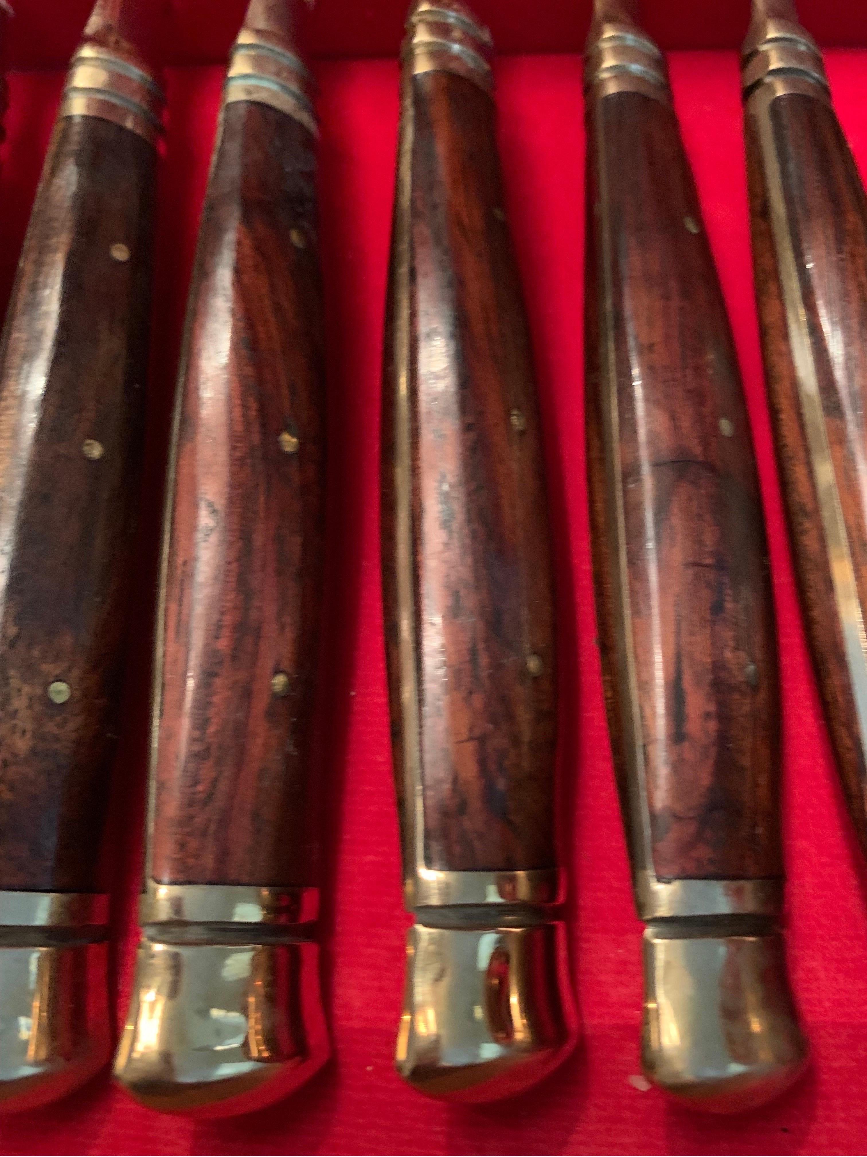 Vintage Mid Century Brass and Rosewood Flatware Set, 12 Place Settings  In Good Condition In Doylestown, PA