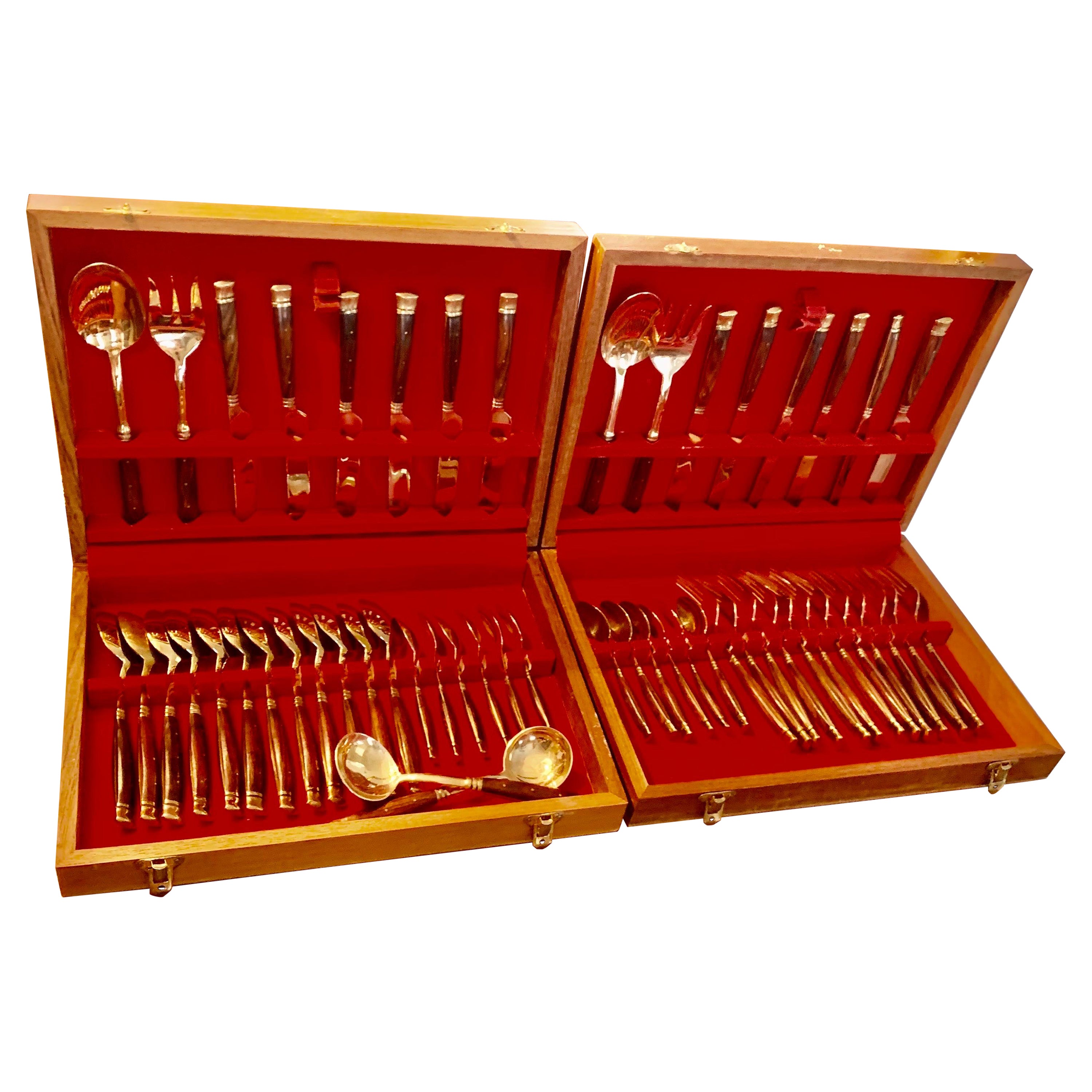 Vintage Mid Century Brass and Rosewood Flatware Set, 12 Place Settings