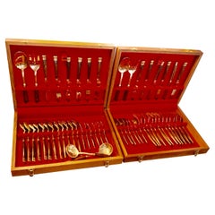 Vintage Mid Century Brass and Rosewood Flatware Set, 12 Place Settings