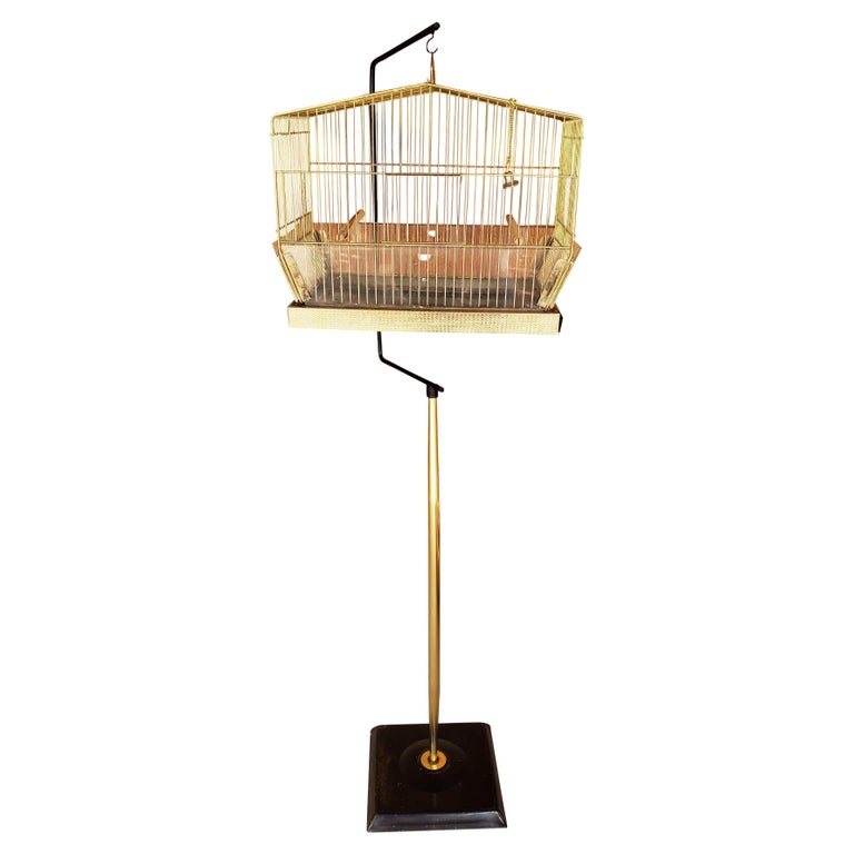 Vintage Mid-Century Brass Birdcage with Original Stand For Sale
