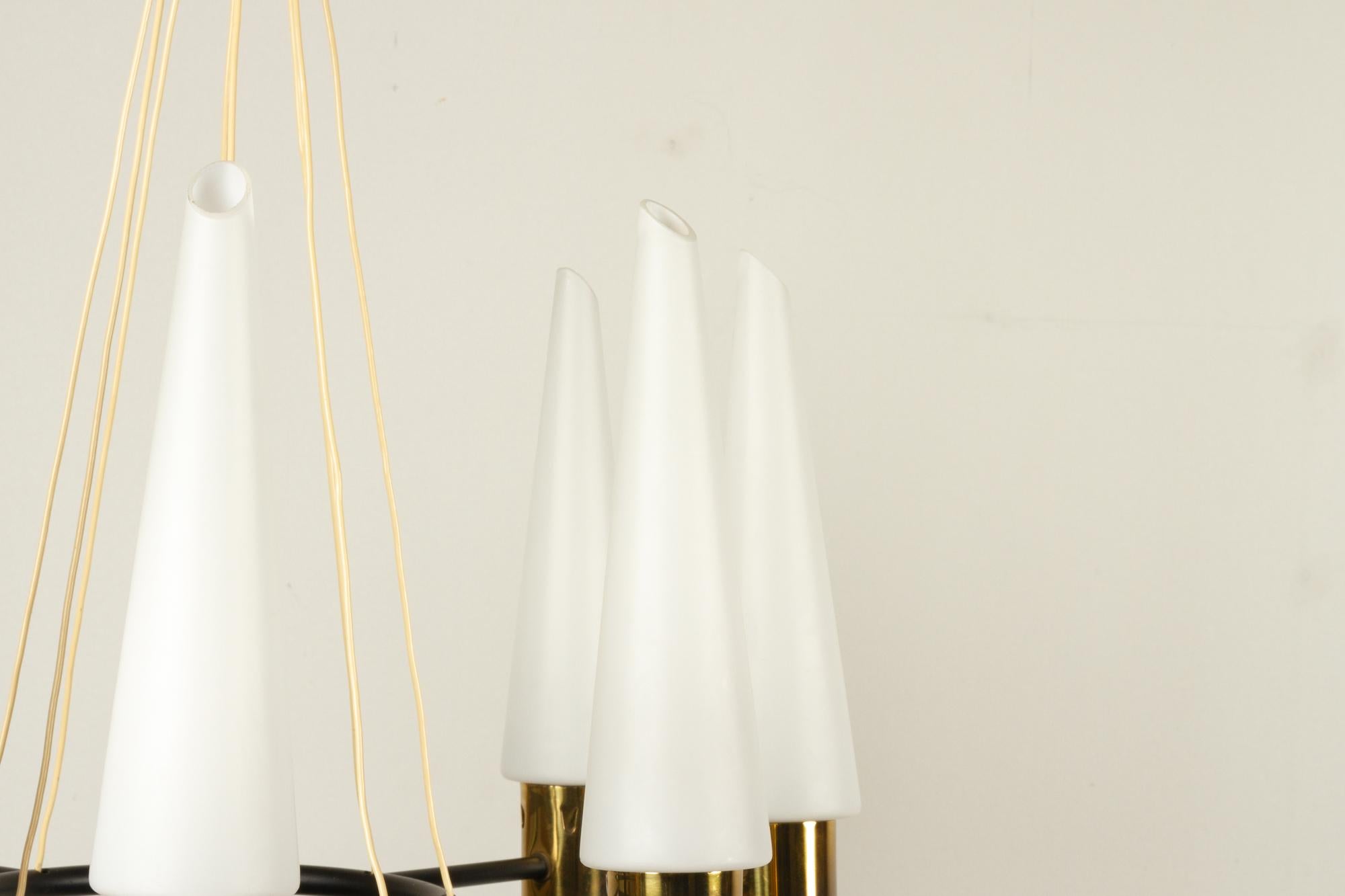 Vintage Midcentury Brass Chandelier with Opal Glass Shades, 1960s For Sale 3