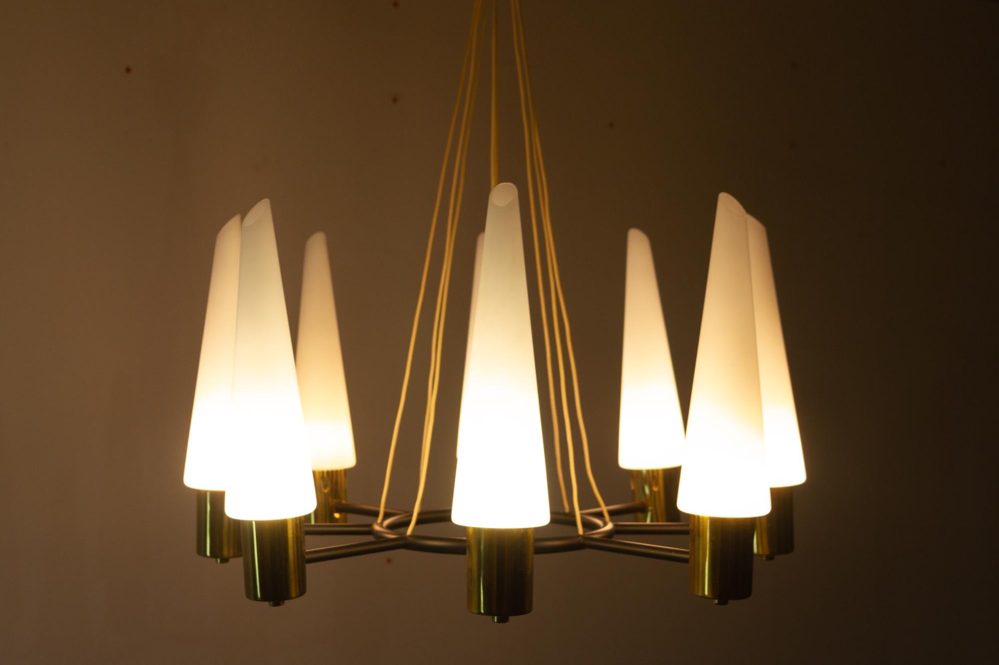 Vintage Midcentury Brass Chandelier with Opal Glass Shades, 1960s For Sale 8