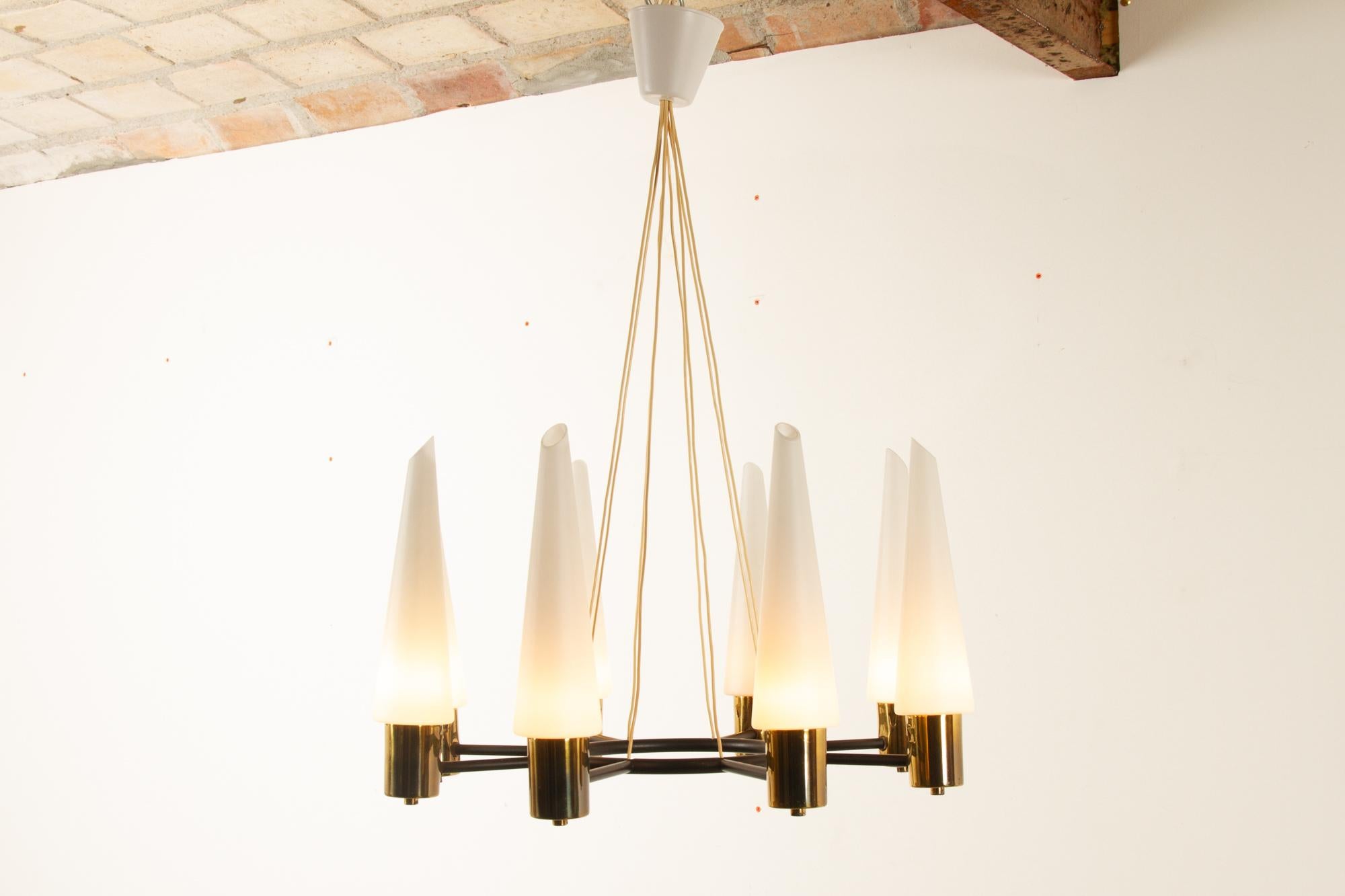 Vintage Midcentury Brass Chandelier with Opal Glass Shades, 1960s For Sale 9
