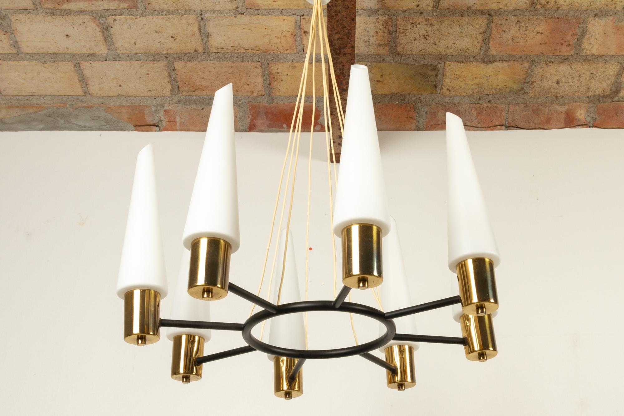 Danish Vintage Midcentury Brass Chandelier with Opal Glass Shades, 1960s For Sale